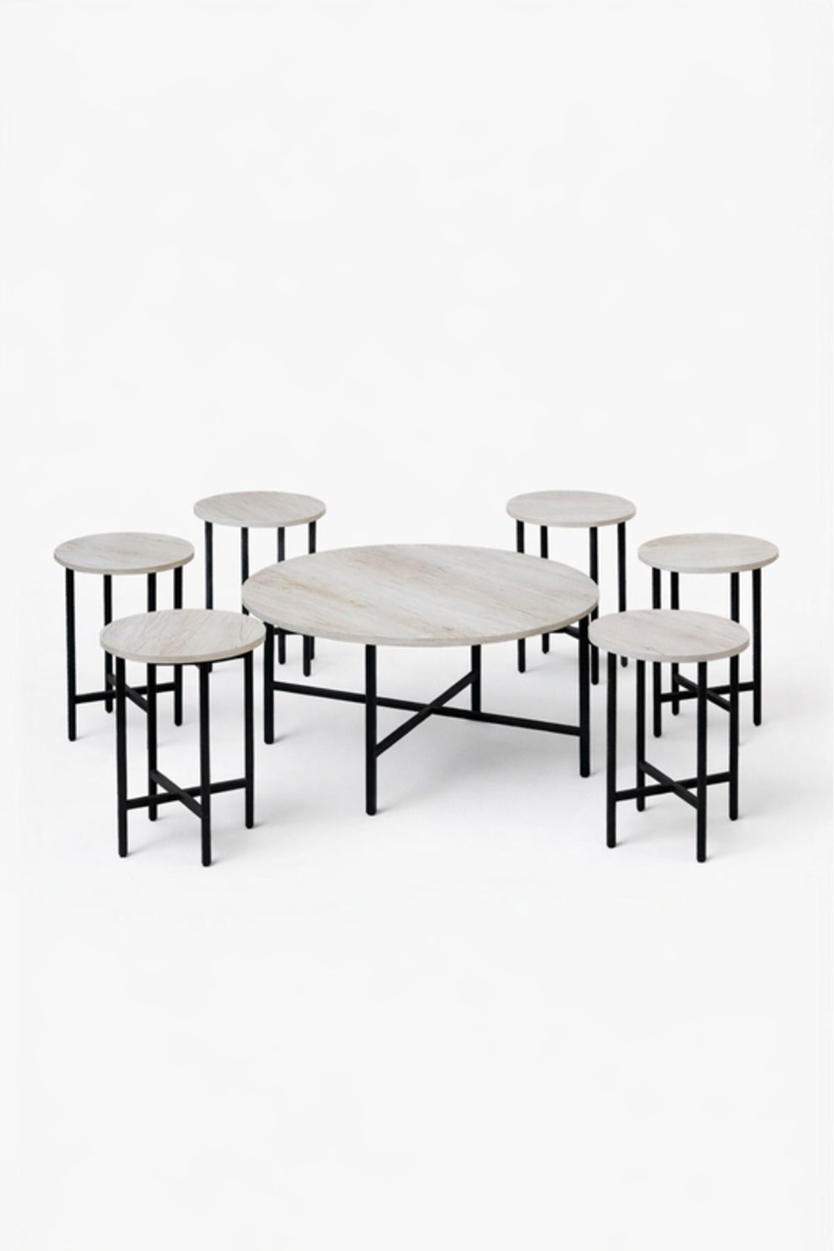 7-Piece Round Coffee Table Set Light Wood Top Black Metal Legs Modern Living Room Furniture 1+6