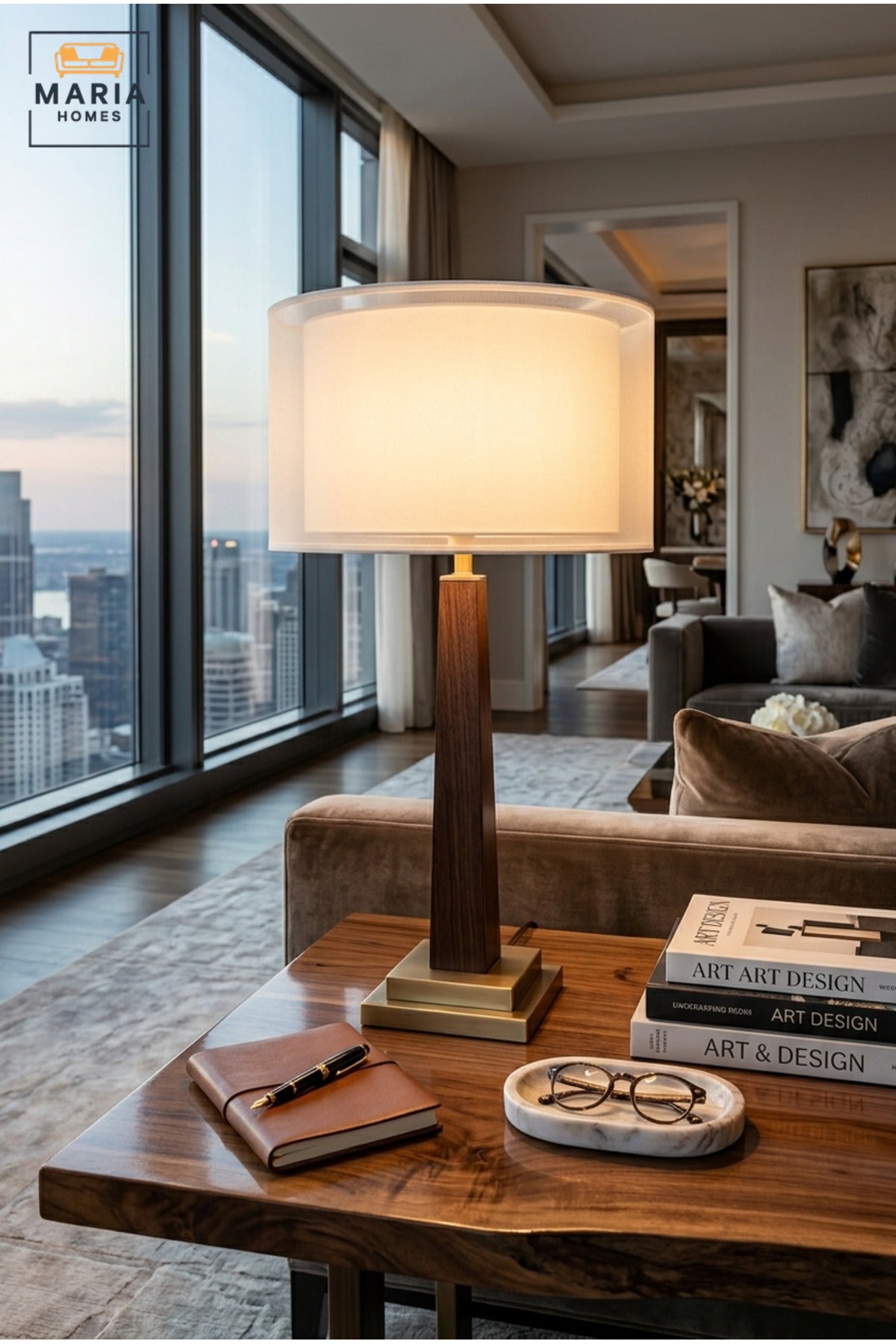 Modern Wooden Table Lamp with White Double Layer Drum Shade, Slim Tapered Base and Gold Tone Accents for Bedroom, Living Room, Office and Hotel