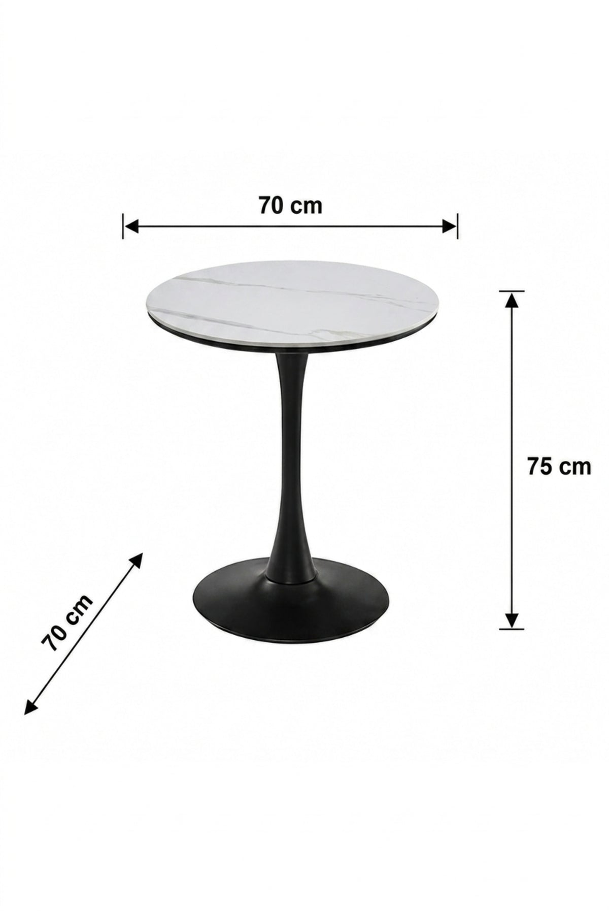 Modern Round Dining Table 70cm White Marble-Effect Top with Black Pedestal Base √ê Contemporary Caf≈Ω & Bistro Table