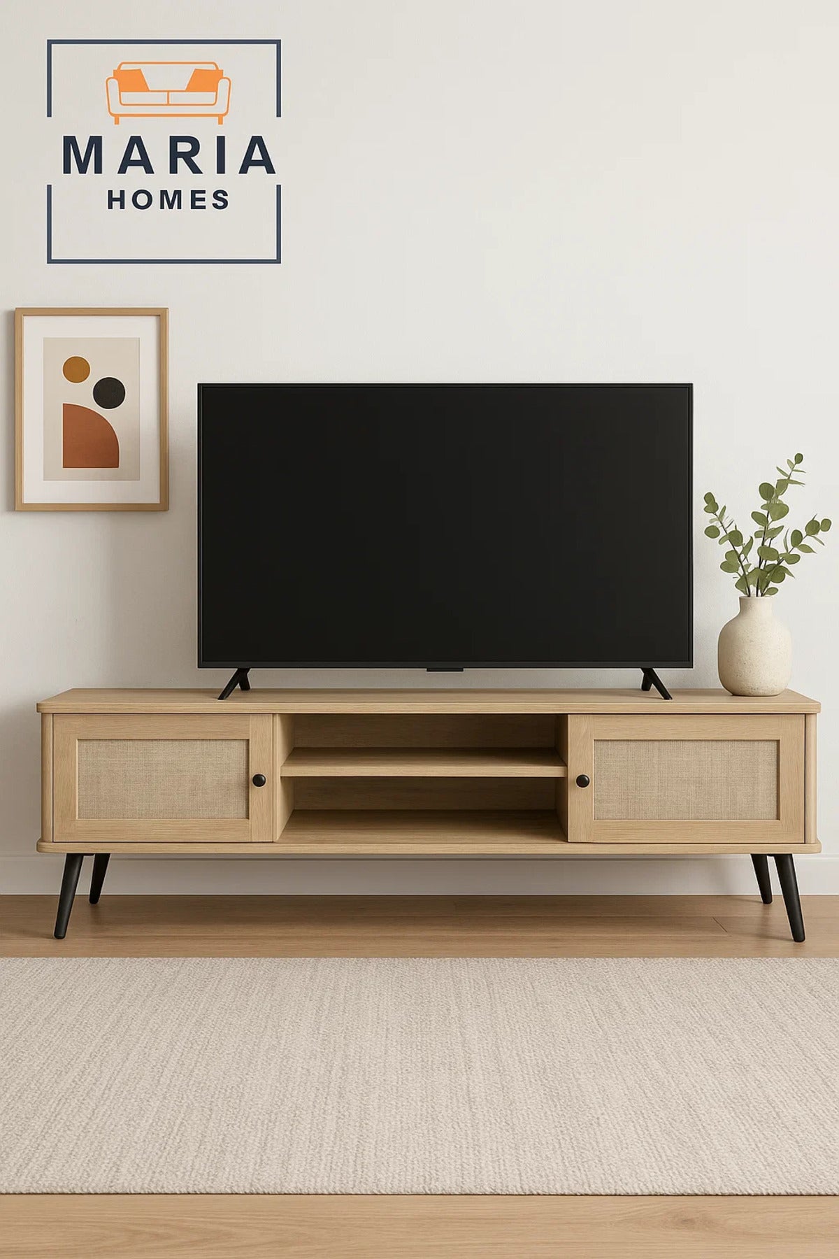 Modern Light Wood Tv Stand With Fabric Doors And Metal Legs Ð 180x40x50 Cm Entertainment Console