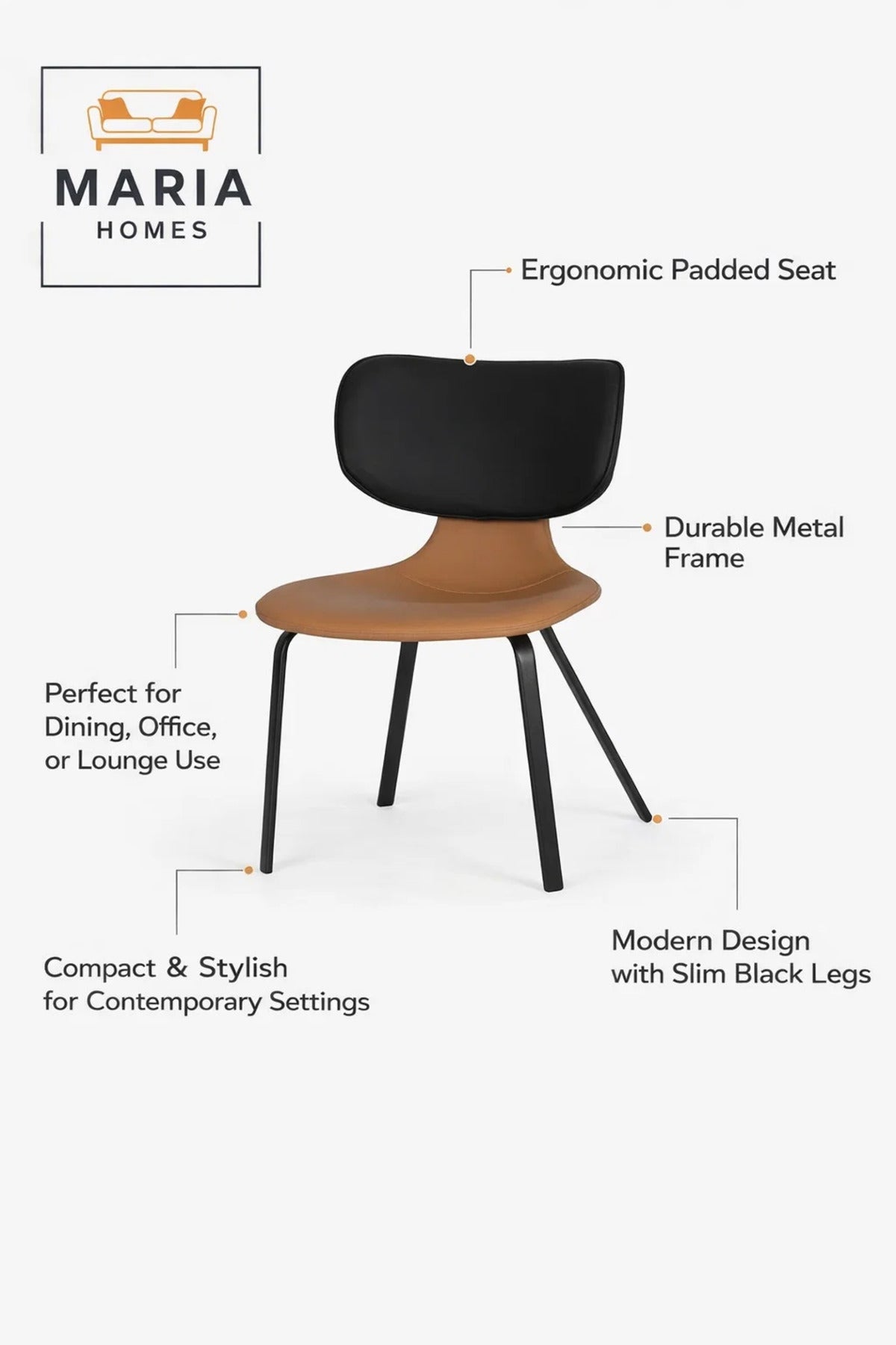 Brown and Black Dining Chair, Modern Comfortable Chair, Sturdy Metal Frame Chair