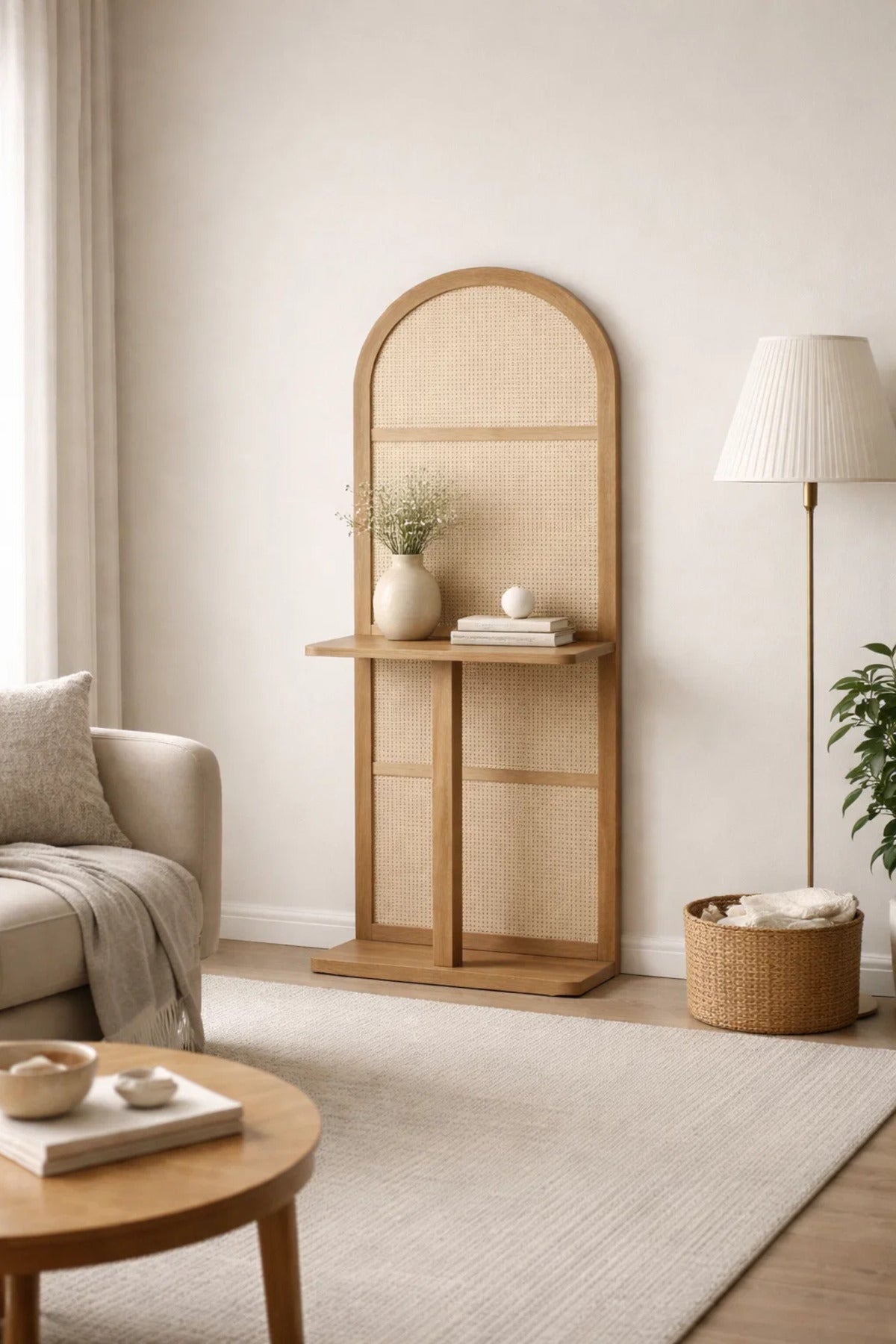 Modern Arched Orginizer Rack with Cane Panel and Brown Wood Frame