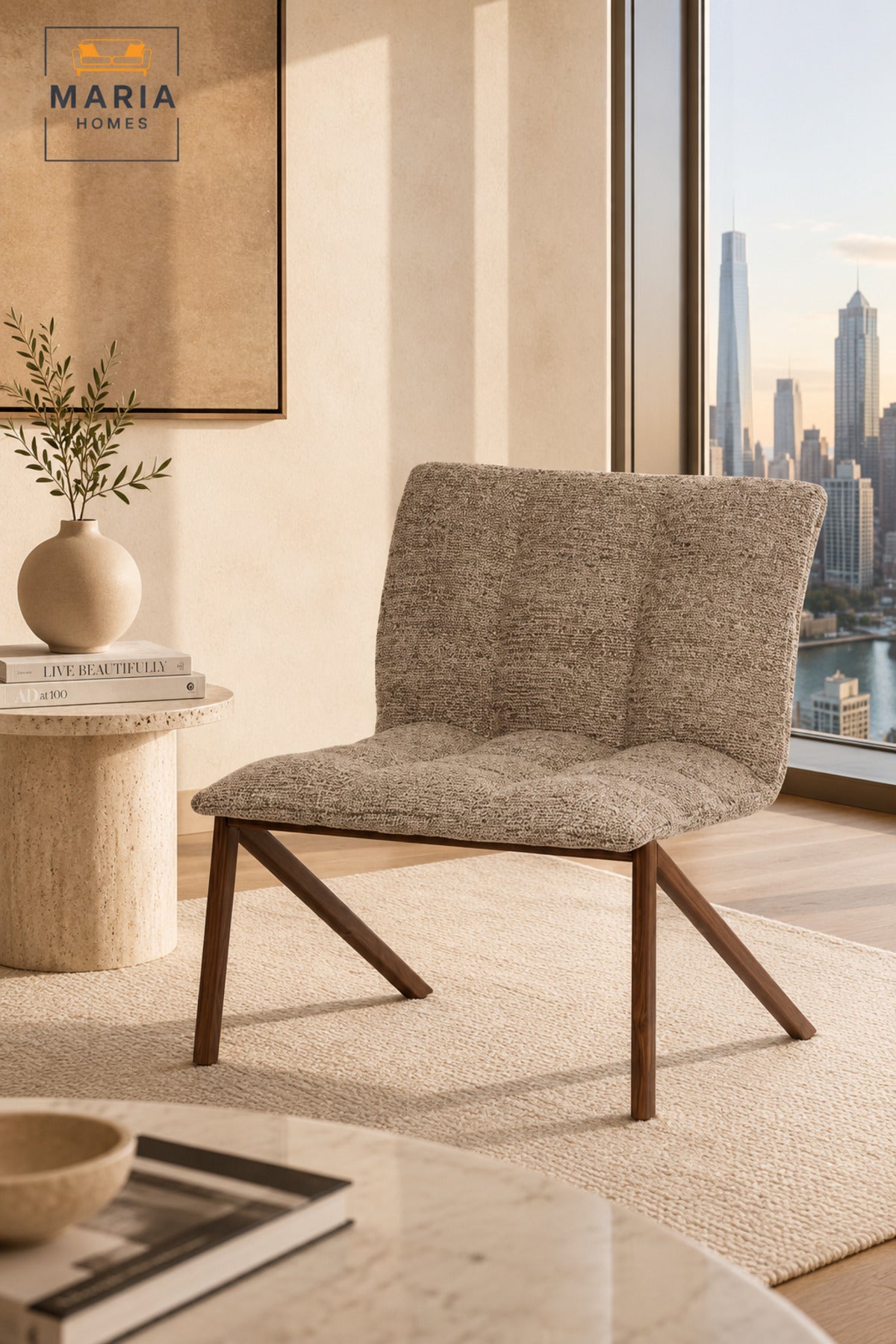 Modern Accent Lounge Chair with Wood Print Legs Upholstered Fabric Occasional Chair for Living Room, Bedroom & Reception Area Coffee Beige
