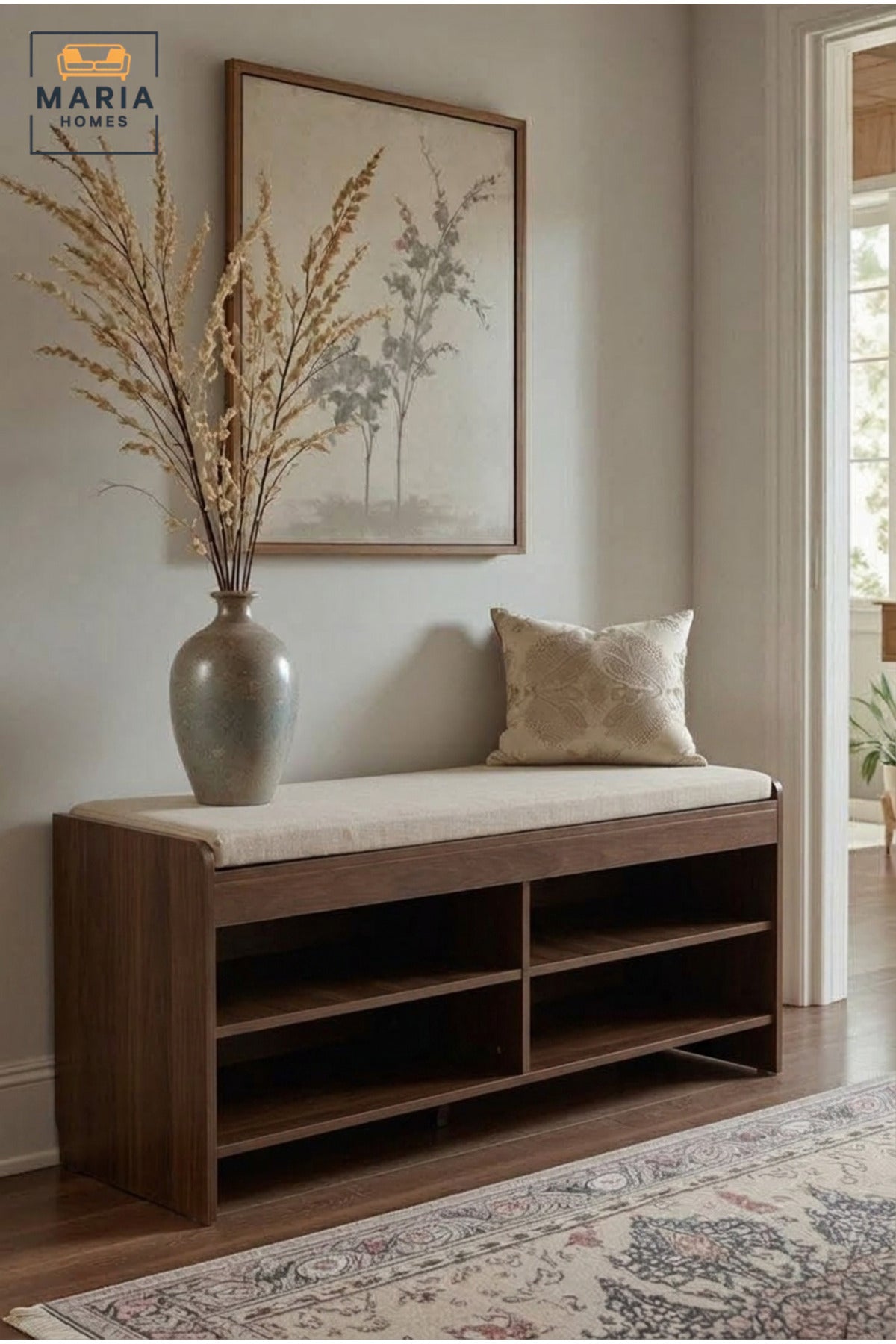 Wooden Shoe Storage Bench with Cushioned Seat and Open Shelves, Entryway Organizer Rack for Hallway, Bedroom, Dressing Room and Mudroom