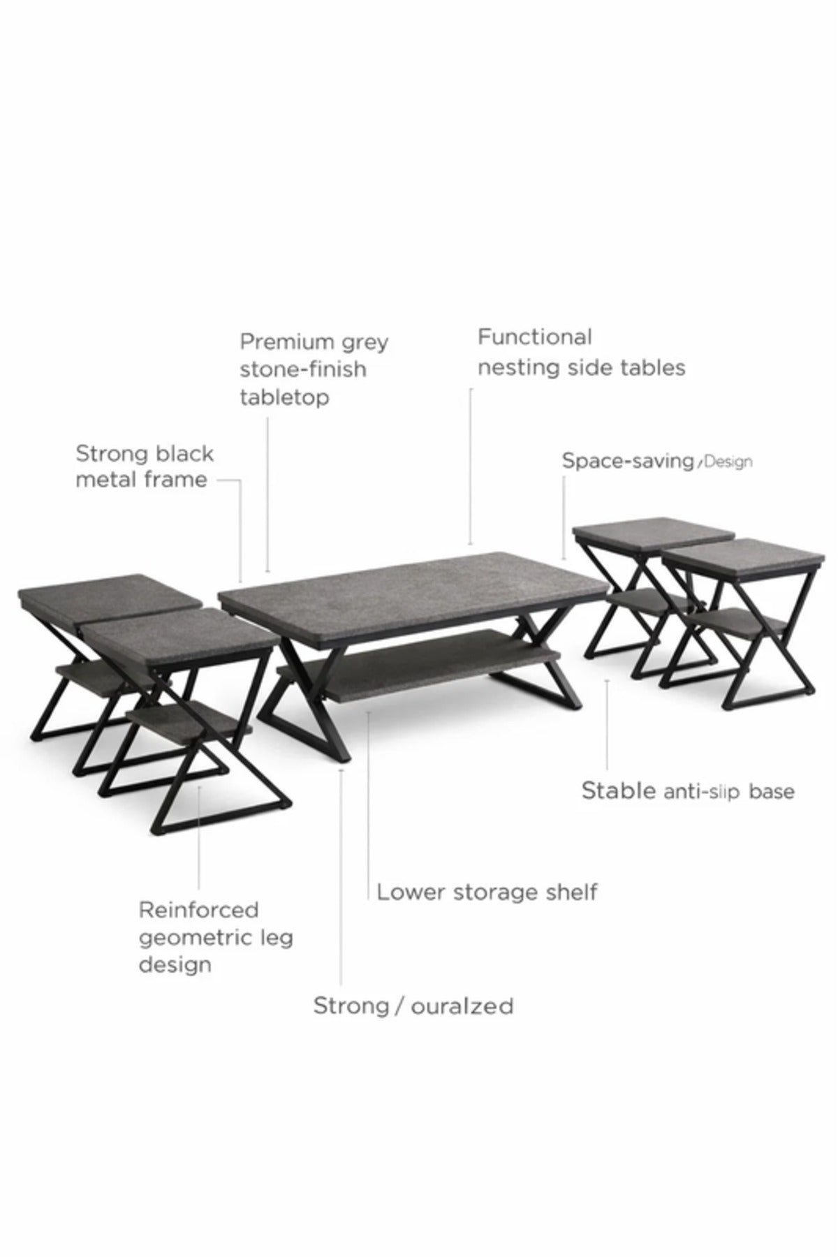 Modern 5-Piece L.GREY Center Table Set with Metal Frame and Wood Finish