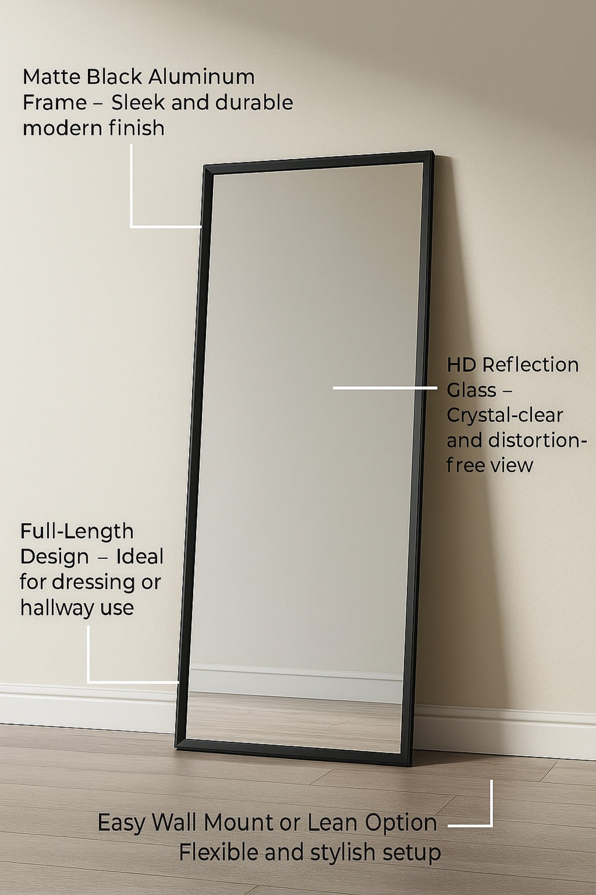 Rectangular Wall Mirror with Black Frame Ð 120_60 cm Modern Full-Length Decorative Mirror