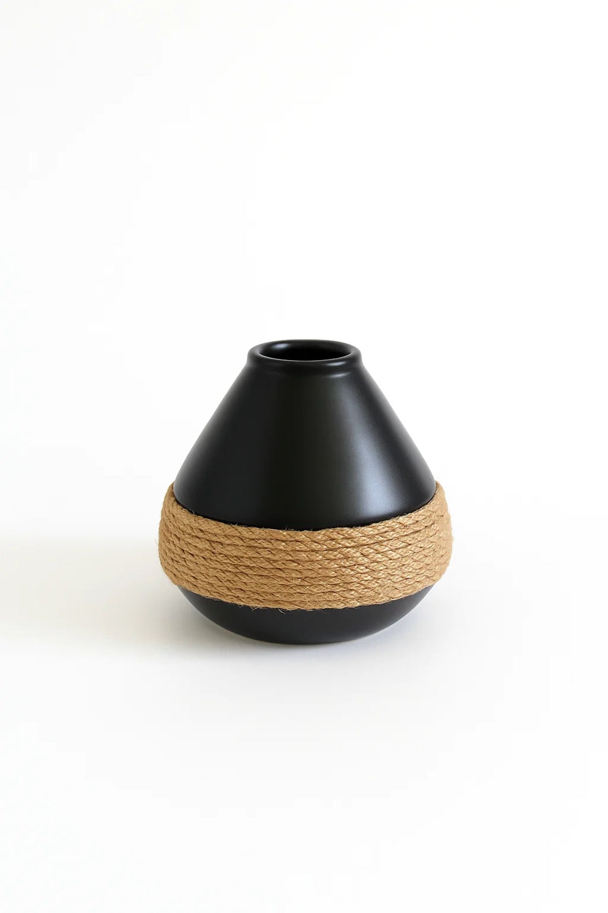 Black Ceramic Round Rope Vase H3595 Ð Modern Decorative Flower Pot for Home and Office DŽcor