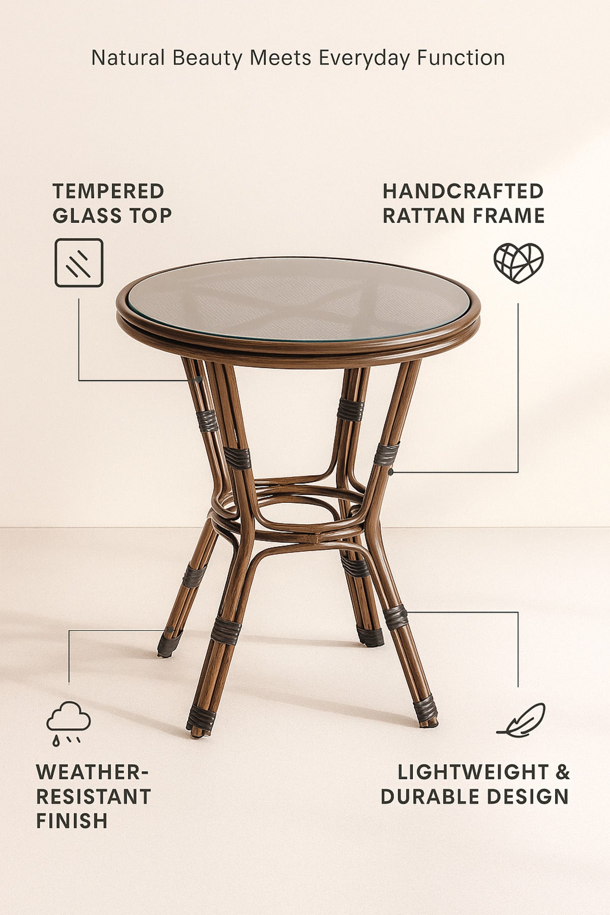 Round Rattan Coffee Table Ð Brown Outdoor & Indoor Table with Glass Top