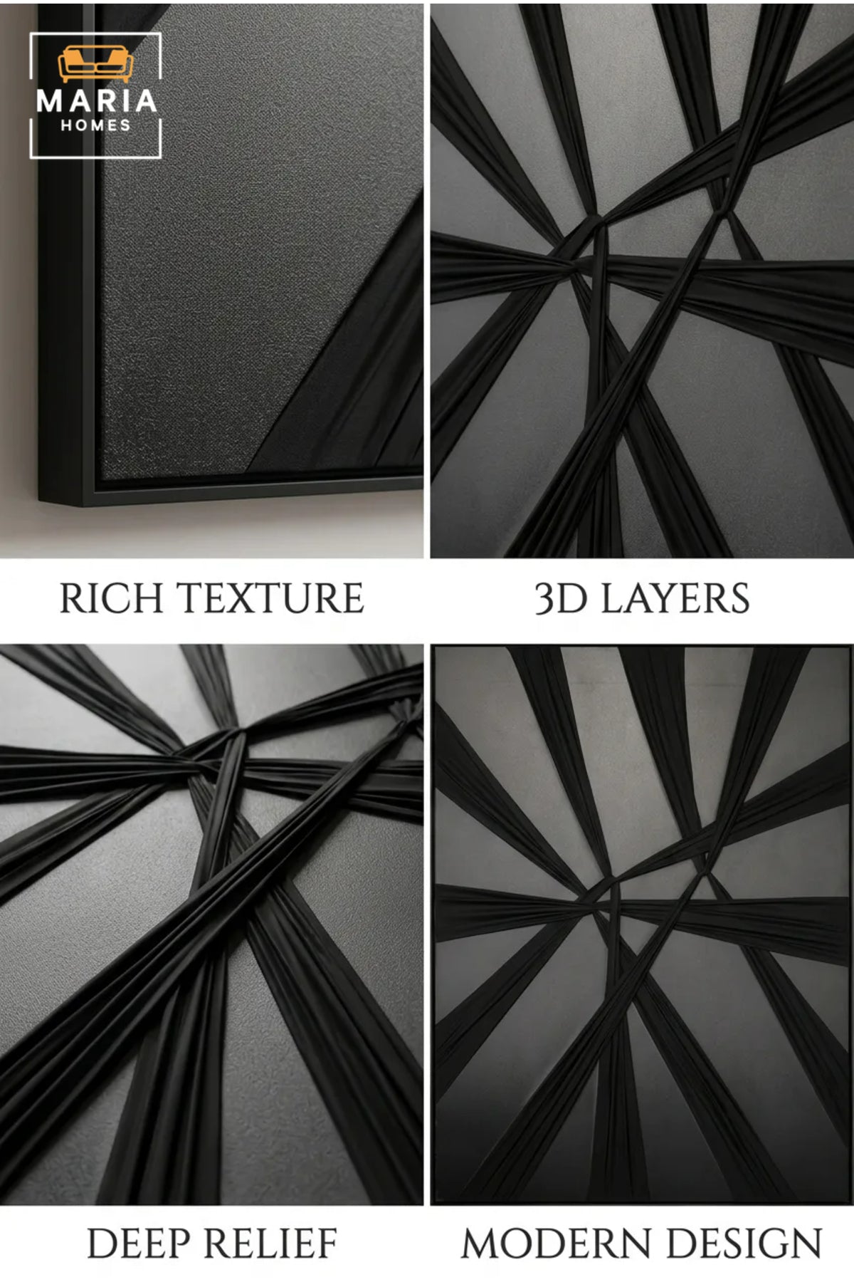 Modern Black Geometric Framed Wall Art √ê Minimalist Abstract Textured Painting for Living Room, Bedroom & Office D≈Ωcor