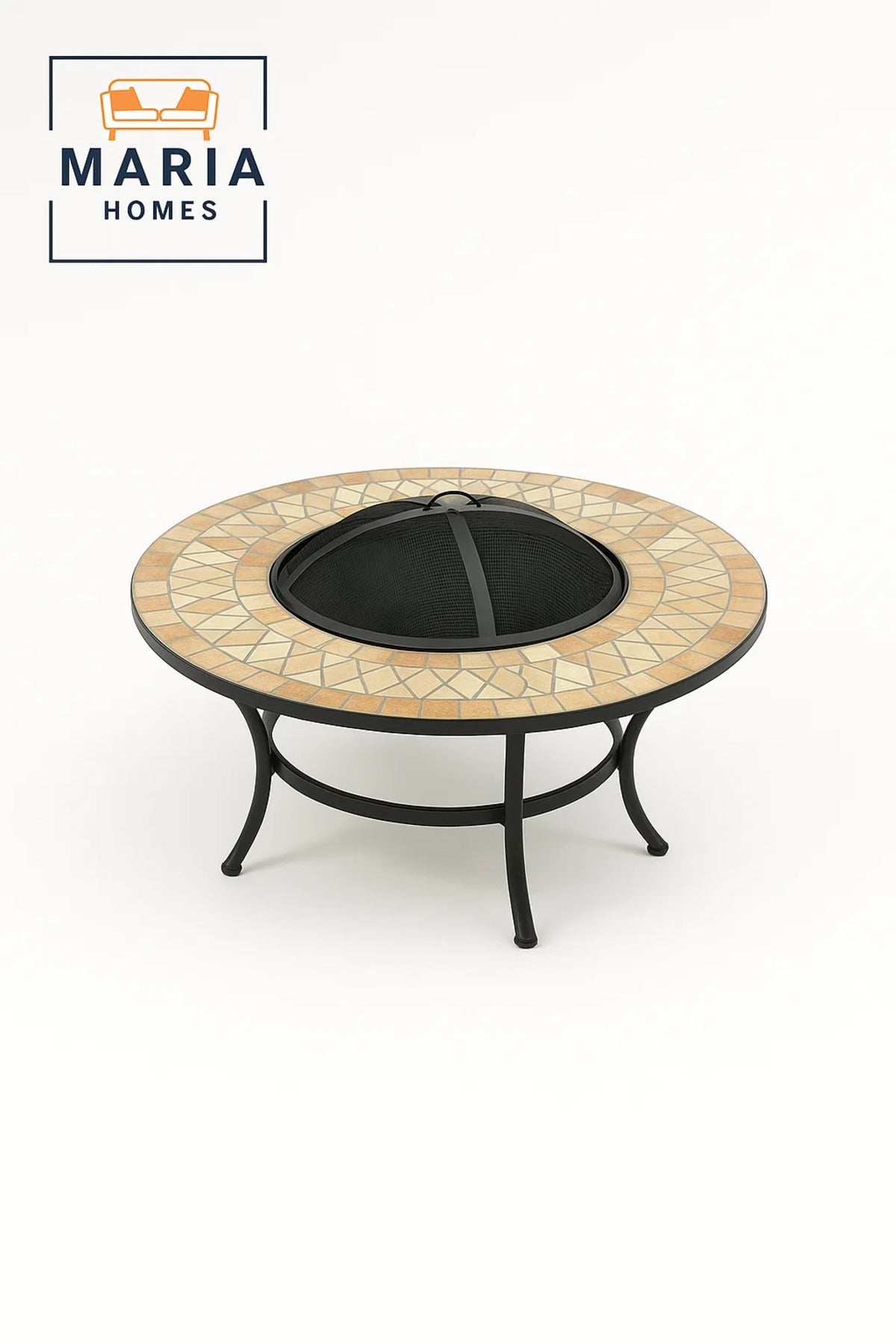 Round Outdoor Mosaic Fire Pit Table Ð Stone Tile Top with Mesh Cover