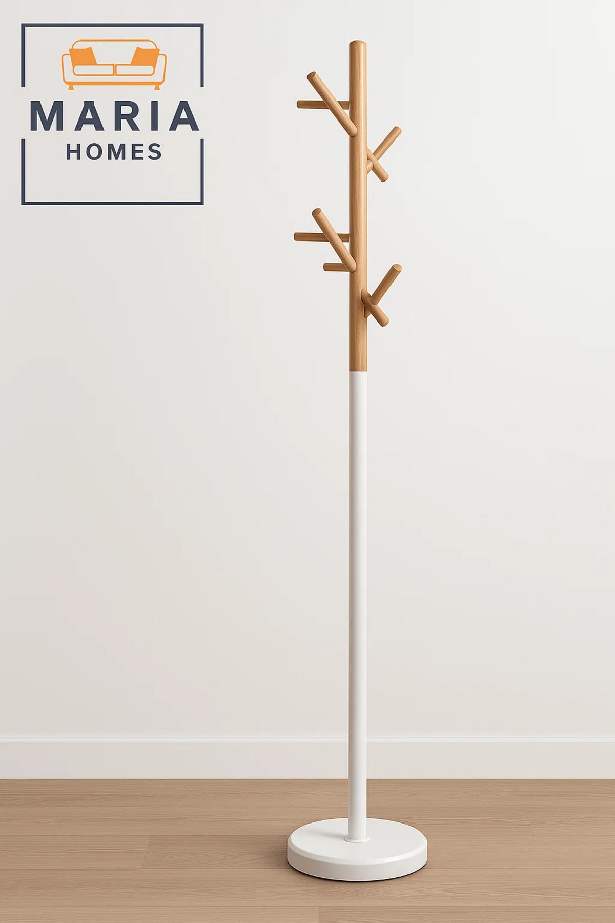 Modern Wooden Coat Rack with White Base and Angled Hooks