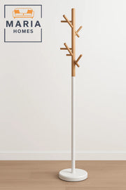 Modern Wooden Coat Rack with White Base and Angled Hooks