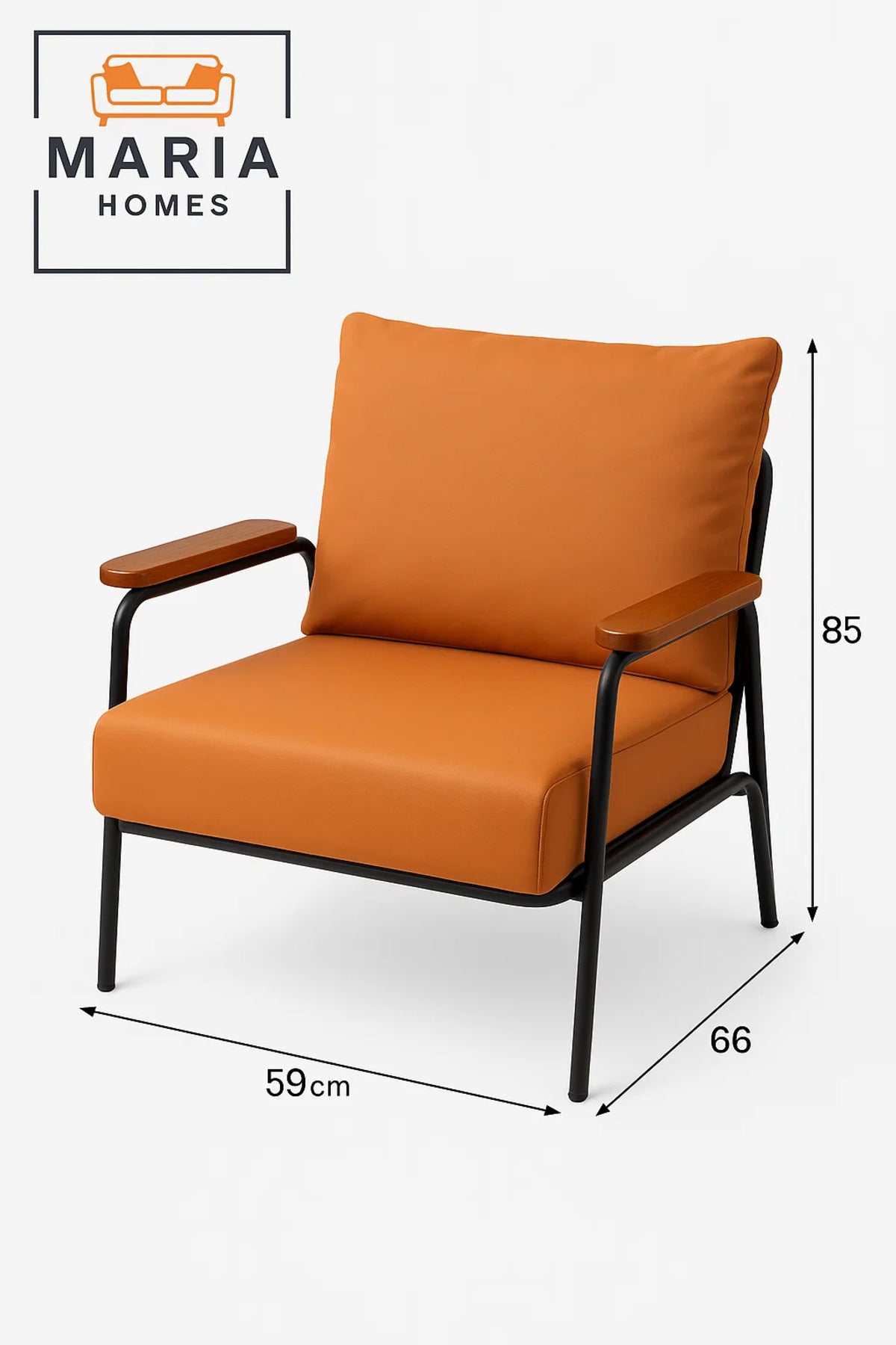 Modern Lounge Chair with Orange Faux Leather Ð Wooden Armrests & Metal Frame for Home or Office