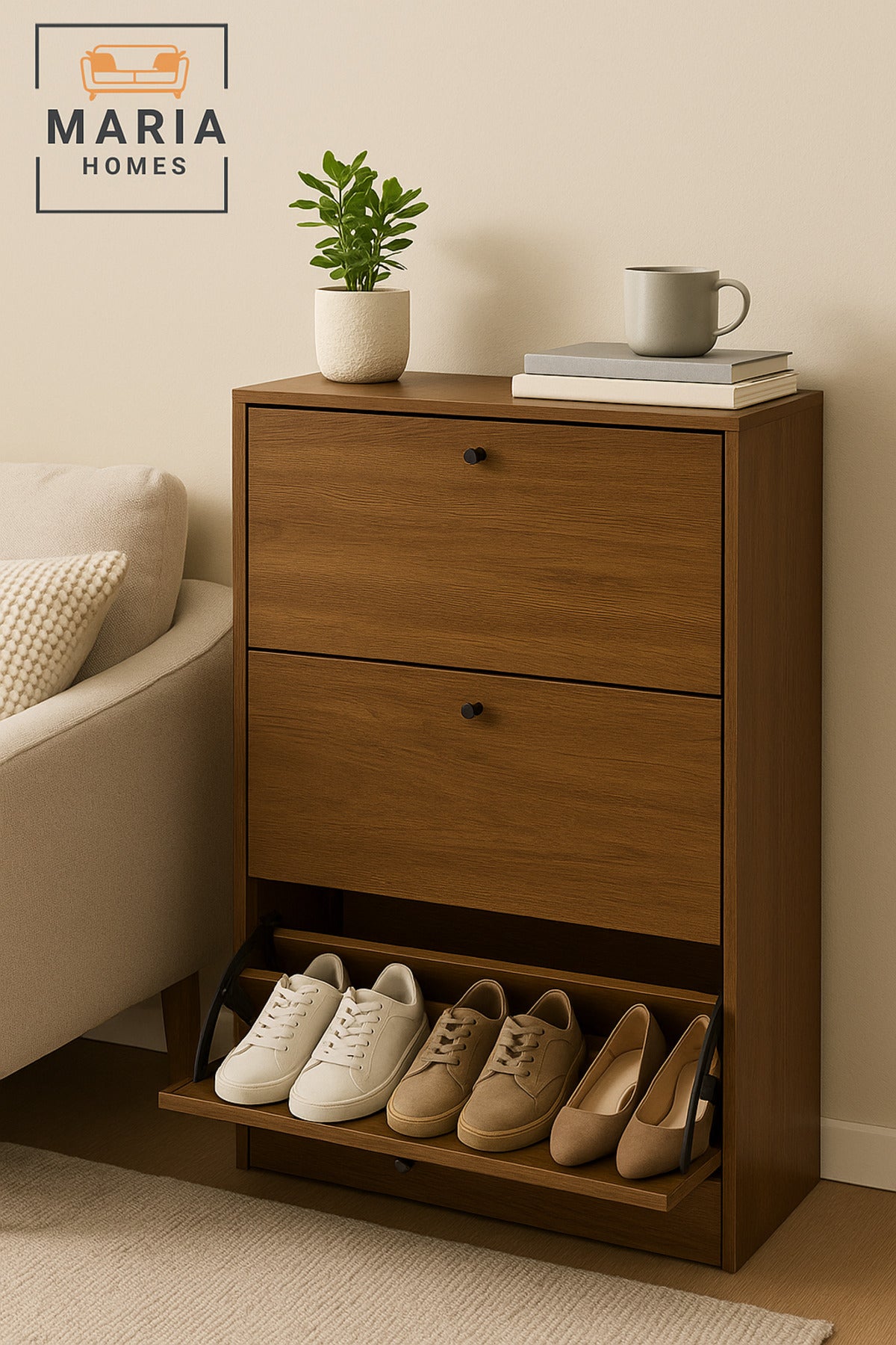 Brown Wooden Shoe Cabinet Ð 3 Tier Flip Drawer Shoe Storage 62_25_120 cm