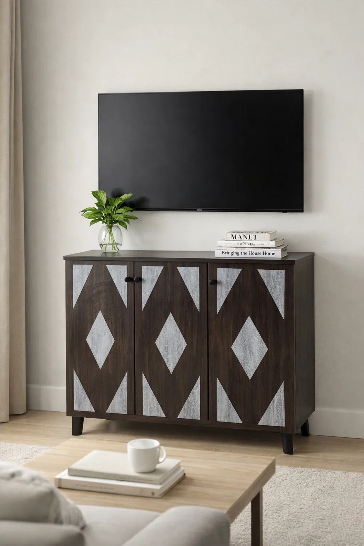 Elegant Dark Brown TV Table Console with Diamond Pattern Doors and Spacious Storage 90cm Wide