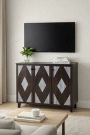 Elegant Dark Brown TV Table Console with Diamond Pattern Doors and Spacious Storage 90cm Wide