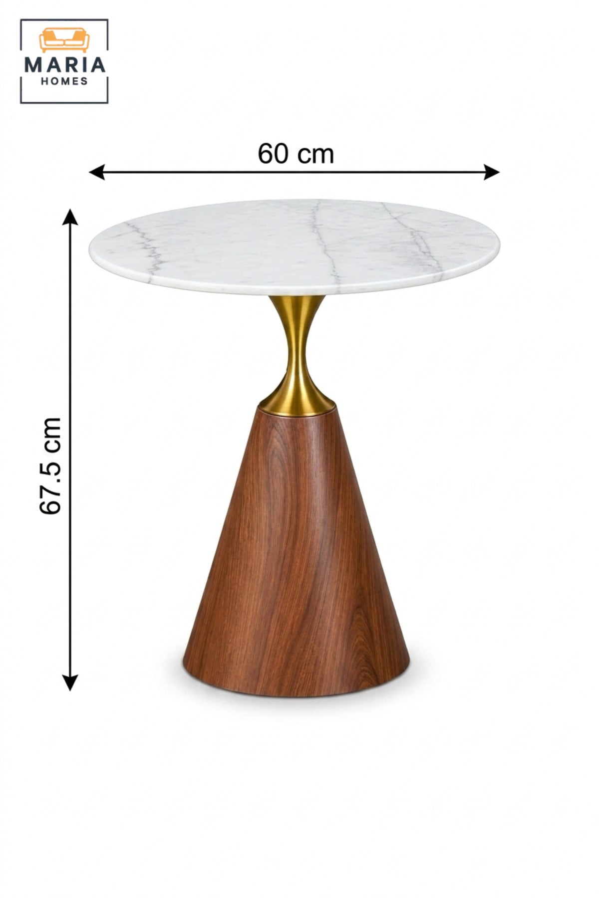 Modern Round Side Table with White Marble-Effect Top, Walnut Cone Base and Gold Accent Pedestal for Living Room & Bedroom – 60 × 67.5 CM