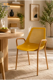 Mustard Yellow Plastic Dining Chair with Wooden Armrests Ð Modern Scandinavian Dining Chair with Natural Wood Legs for Kitchen, CafŽ & Dining Room