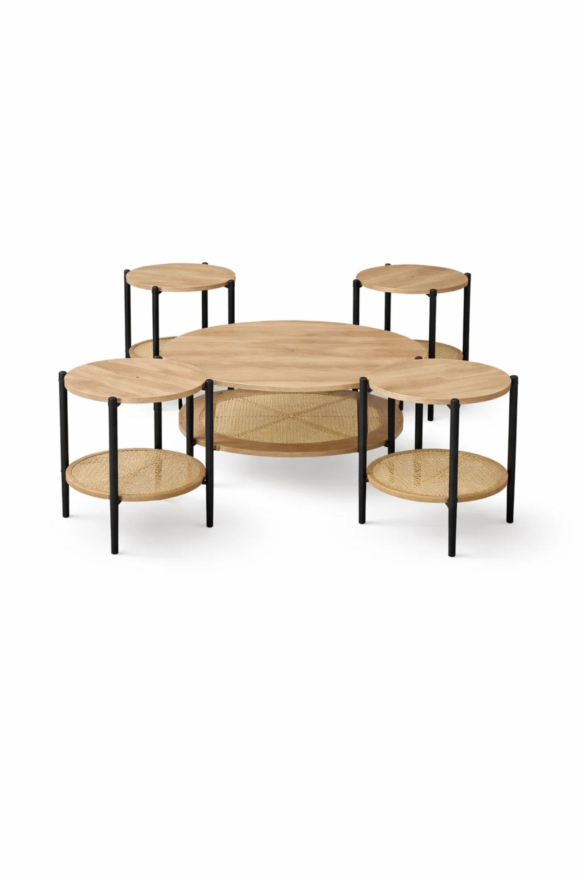 Modern 5-Piece Round Nesting Coffee Table Set with Wood Top and Rattan Shelf for Living Room