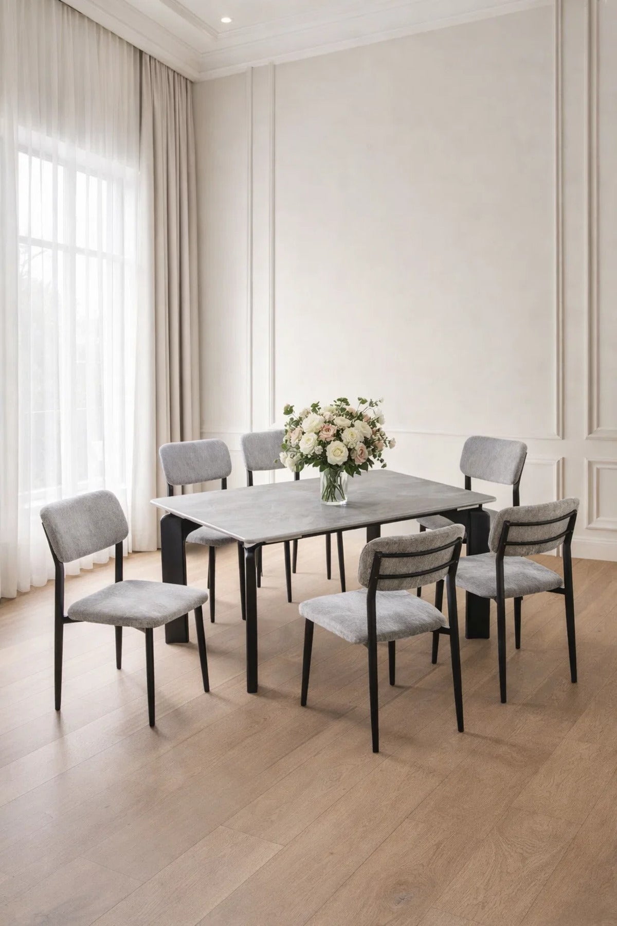Modern Grey Dining Table Set with 6 Chairs 150 _ 90 _ 75 cm
