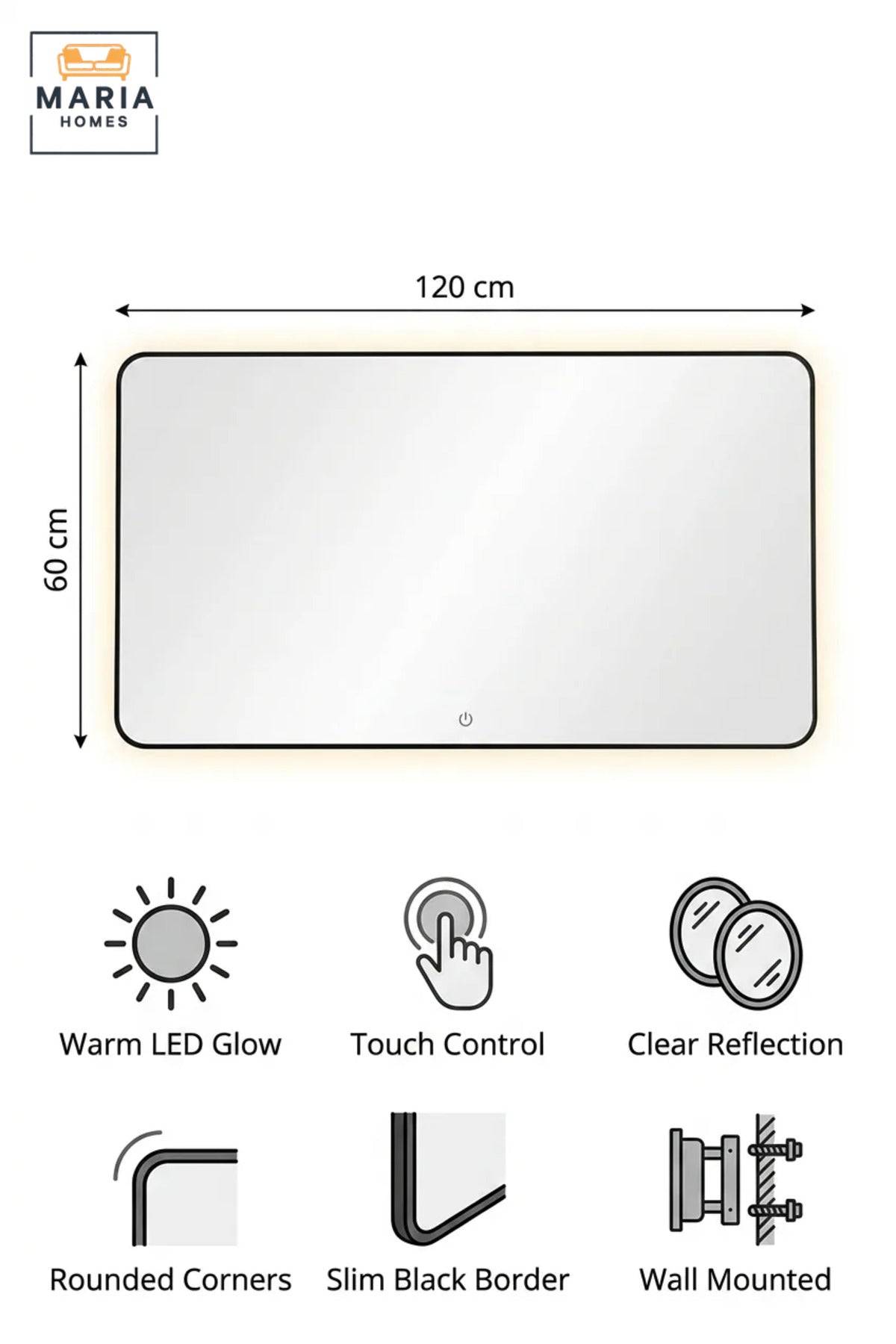 Rectangular LED Wall Mirror 120 × 60 cm with Touch Sensor, Rounded Corners and Backlit Illumination for Bathroom, Bedroom, Dressing Area and Vanity