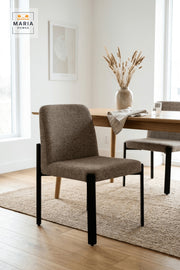 Modern Upholstered Dining Chair with Black Metal Legs in Coffee Brown