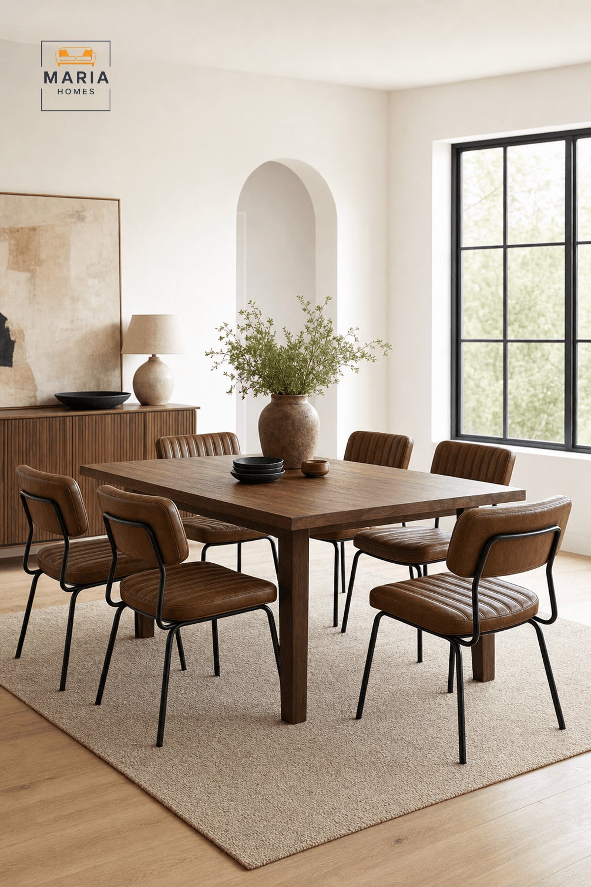 Brown Padded Dining Chair with Black Metal Legs and Vertical Stitch Detail