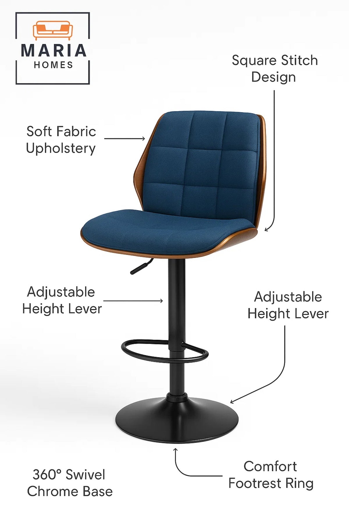 Dark Blue Adjustable Swivel Bar Stool with Chrome Base, Modern Upholstered Kitchen & Bar Chair