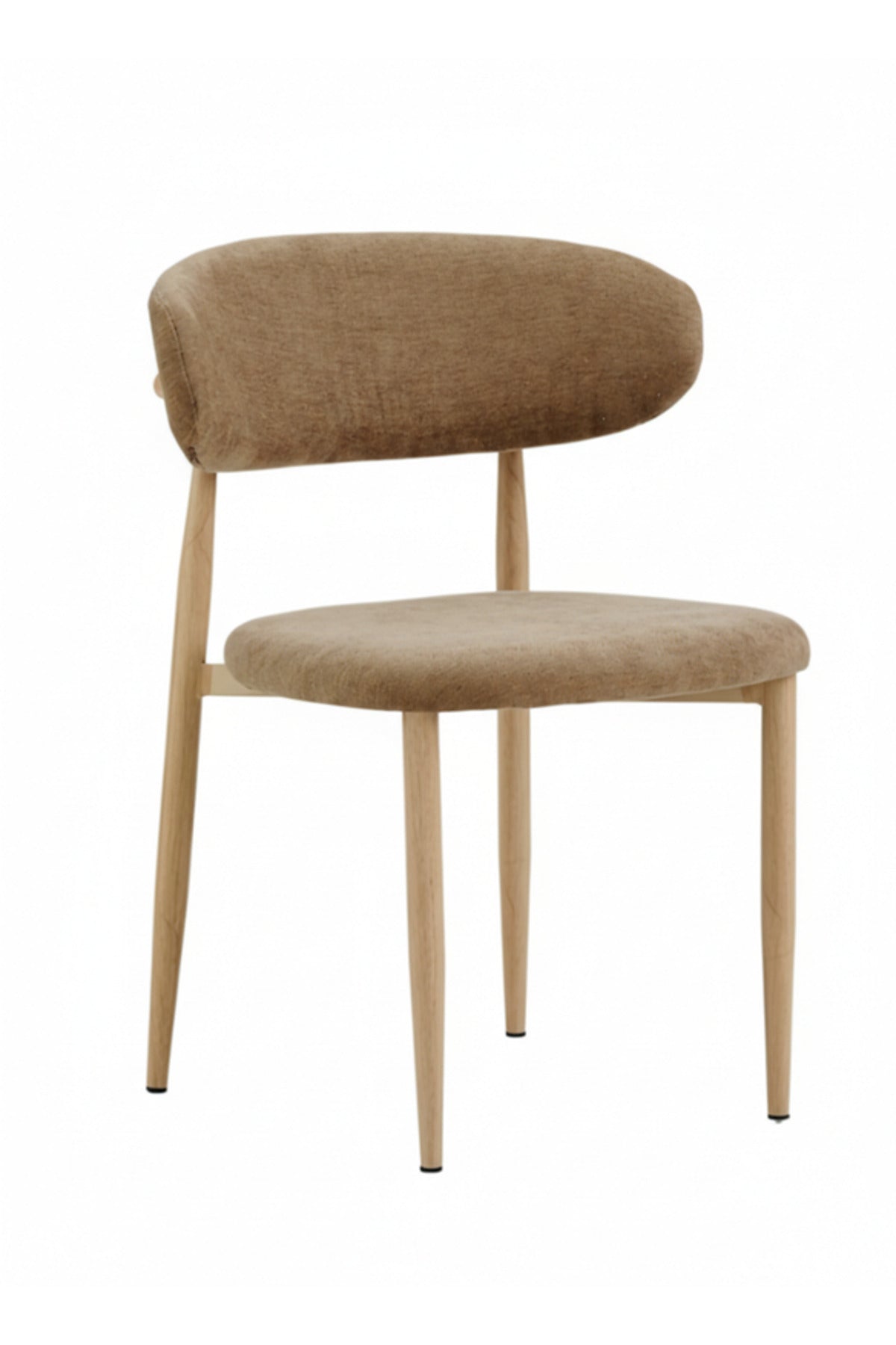 Modern Dark Beige Fabric Dining Chair with Curved Backrest & Solid Wood Legs
