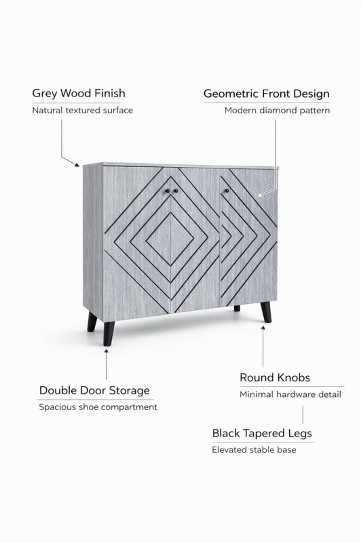 Elegant Grey Shoe Cabinet Geometric Pattern 3-Door Hallway Storage Organizer Unit 120cm