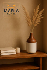Two-Tone Ceramic Vase with Wood-Effect Neck and Glossy White Base Ð Bottle Shape