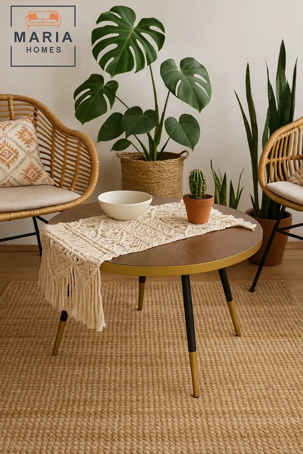 Modern Round Coffee Table Walnut Top with Gold Trim & Black Legs for Stylish Living Rooms