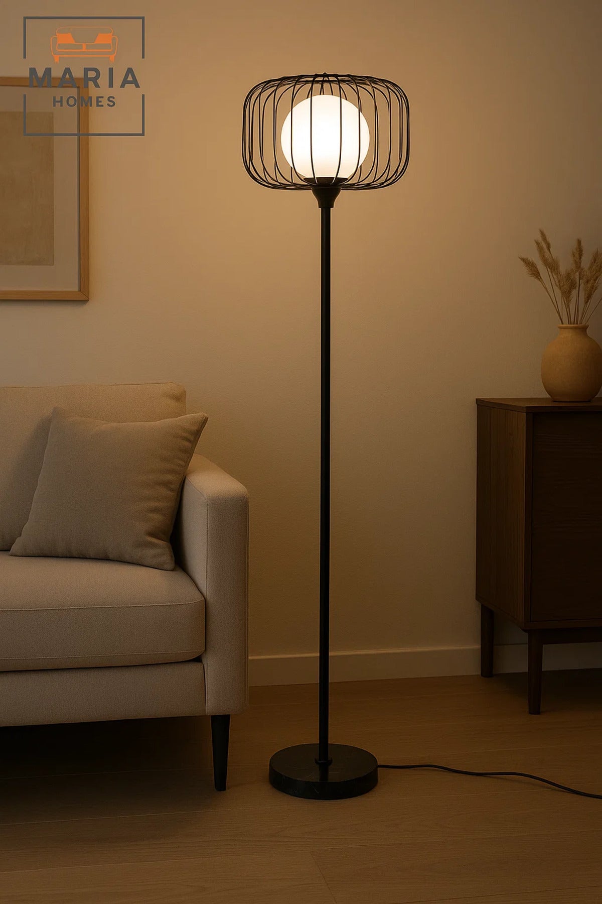 Black Floor Lamp with Wire Cage Shade
