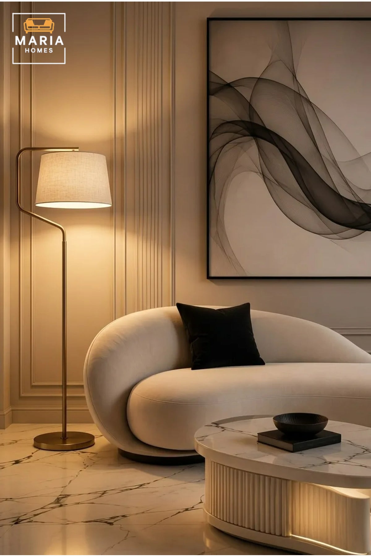 Modern Brass Floor Lamp with Fabric Drum Shade and Curved Frame, Elegant Standing Light for Living Room, Bedroom, Reading Corner and Home Office