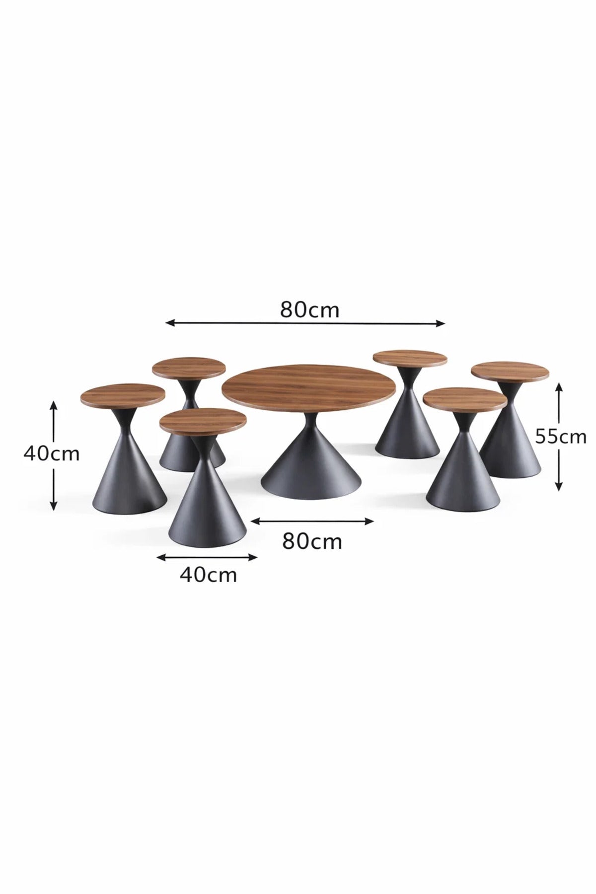 Modern 7-Piece Coffee Table Set Walnut Round Center Table and 6 Side Stands Living Room Decor