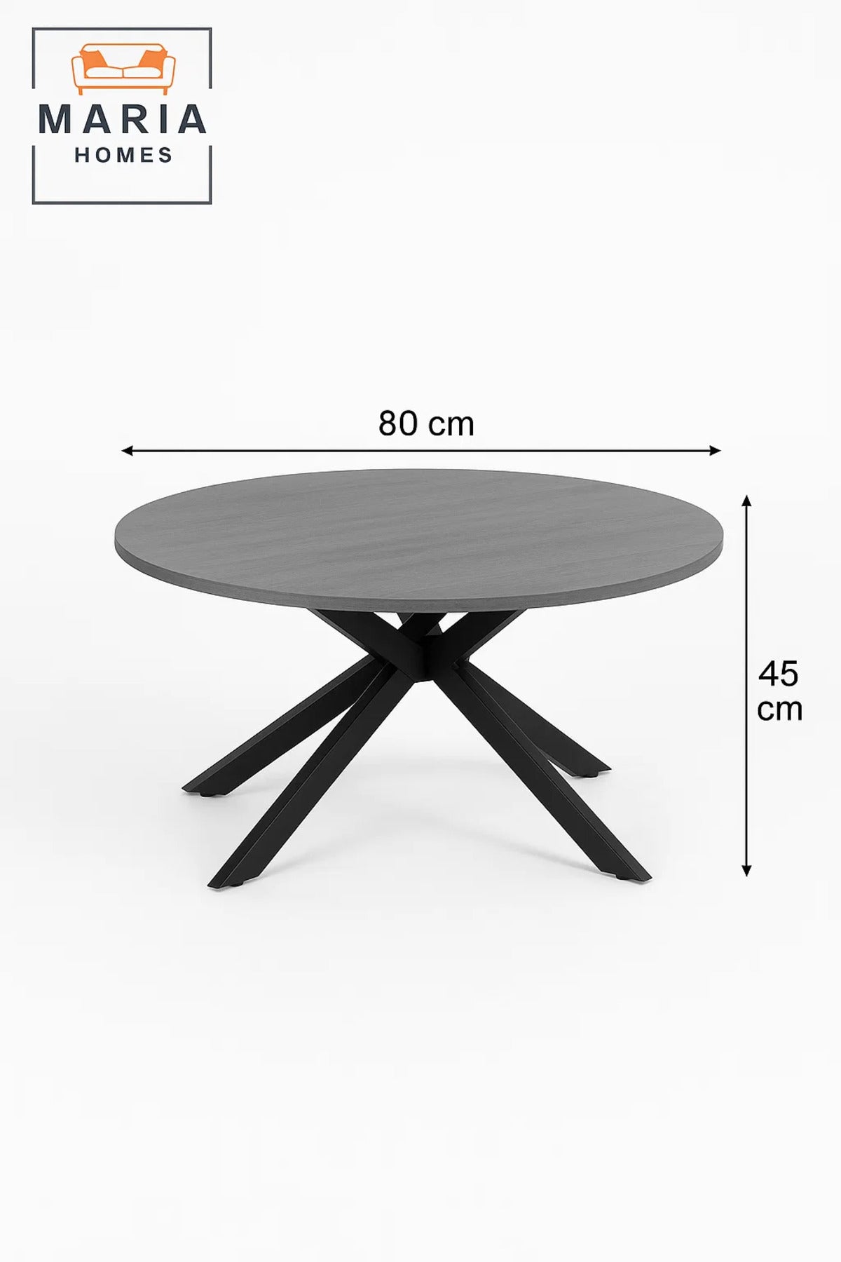 Grey stone round coffee table with angled black metal legs