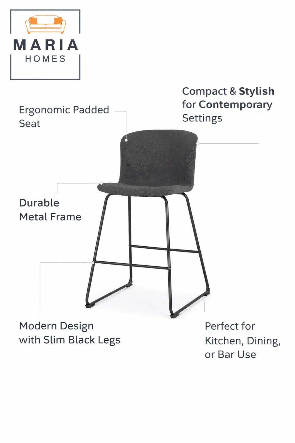 Grey Upholstered Bar Stool with Black Metal Frame Ð Modern Counter Chair