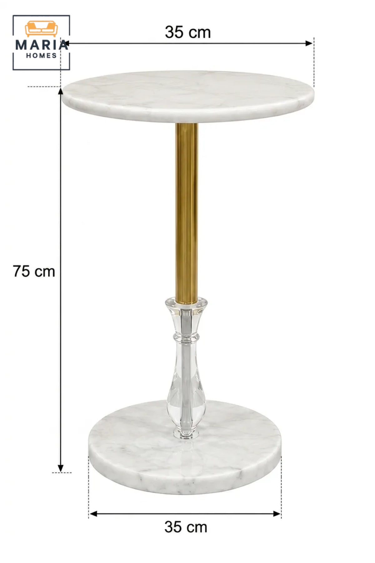 Modern Round Side Table with Marble-Effect Finish, Crystal Accent, and Gold Metal Frame