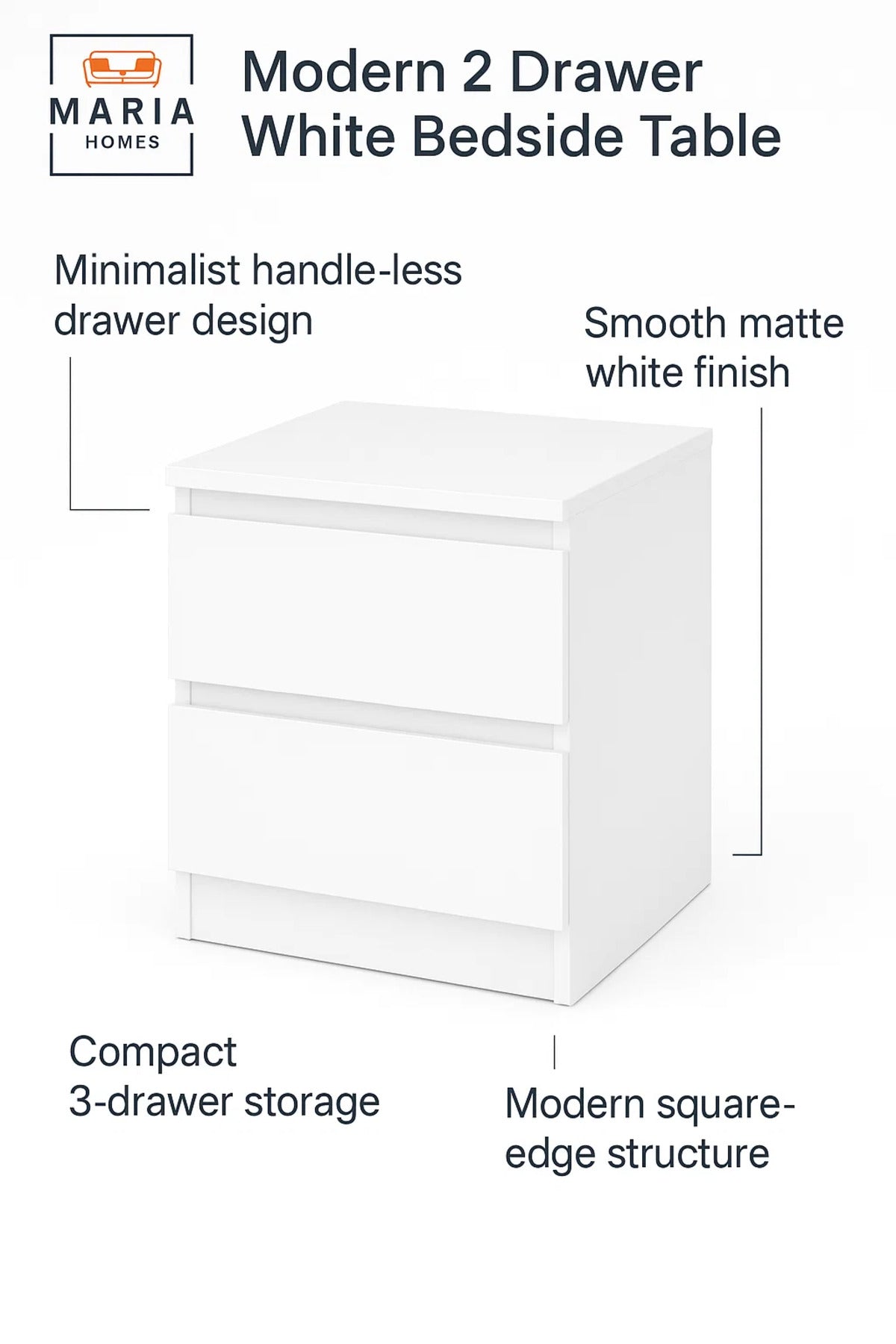 Modern White Bedside Table 40_40_55 cm √ê 2-Drawer Nightstand √ê Bedroom Storage Unit