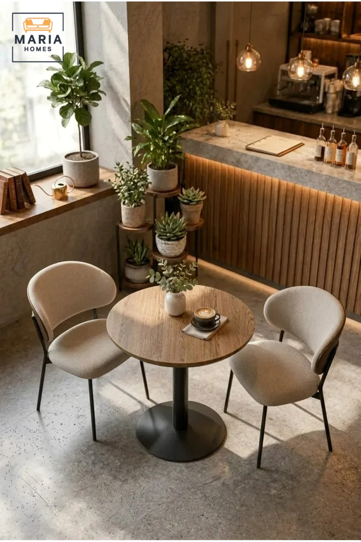 Modern Round Café Table with Wood-Effect Top and Black Pedestal Base for Coffee Shop, Restaurant, Bistro, Hotel and Indoor Dining Area