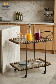 Modern 2-Tier Glass Serving Trolley – Brown & Black Rolling Bar Cart with Metal Frame and Bead Accents
