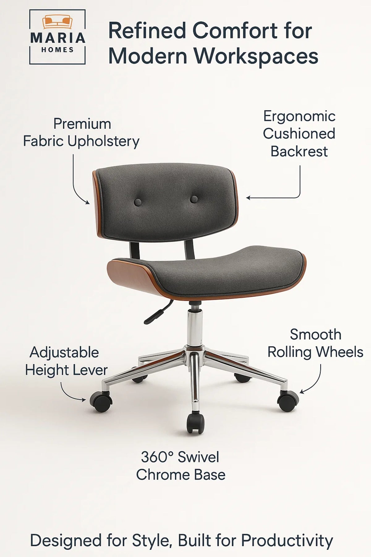 Dark Grey Swivel Office Chair with Wheels, Mid-Century Adjustable Desk Chair