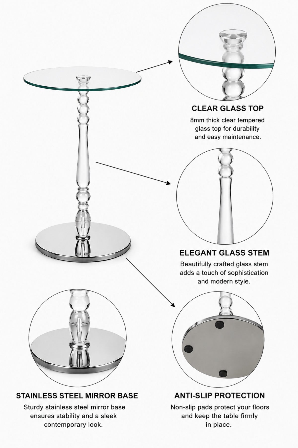 Modern Round Glass Side Table with Clear Glass Top, Polished Silver Pedestal & Mirrored Base, Luxury Accent End Table for Living Room Bedroom Sofa Lounge