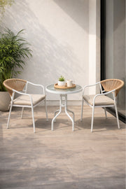 Modern 3-Piece Patio Bistro Set White Metal Frame Rope Chairs Glass Table for Balcony Garden