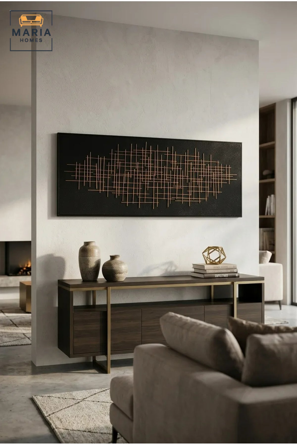 Modern Abstract Wall Art with Slim Black Frame, Gold Linear Geometric Design on Black Canvas for Living Room, Bedroom, Hallway and Office Décor
