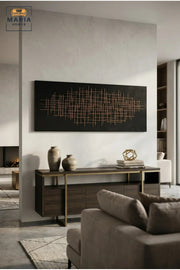 Modern Abstract Wall Art with Slim Black Frame, Gold Linear Geometric Design on Black Canvas for Living Room, Bedroom, Hallway and Office Décor