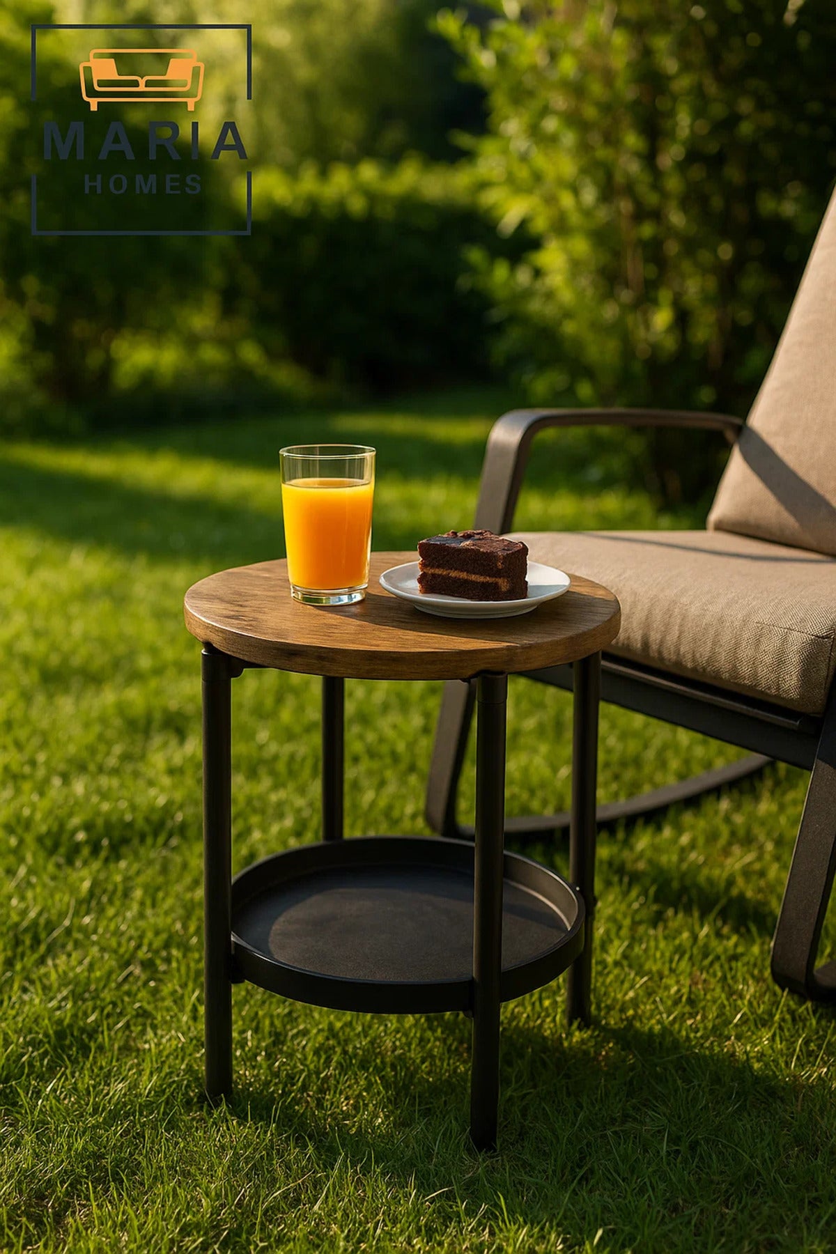 Modern Brown Side Table √ê Round Coffee Table with Black Storage Shelf 40_40_55 cm