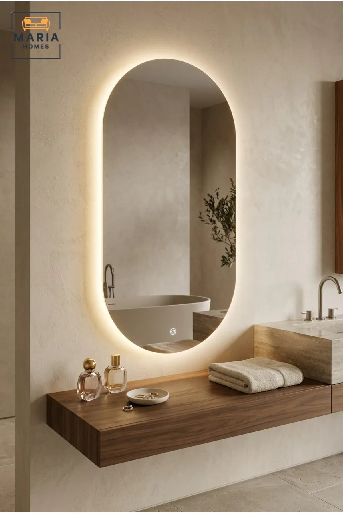 Large Capsule-Shaped LED Wall Mirror with Touch Sensor, Backlit Frameless Full-Length Mirror for Bedroom, Dressing Room, Vanity and Hallway