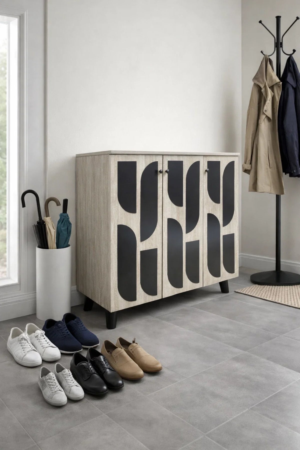 Beige Shoe Cabinet 90_34_91 cm √ê Modern Shoe Organizer with Decorative Doors