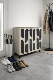 Beige Shoe Cabinet 90_34_91 cm √ê Modern Shoe Organizer with Decorative Doors